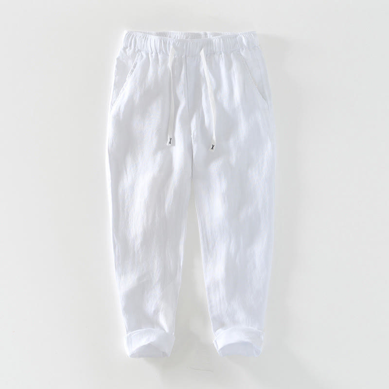 Pantalones de lino para hombre, largos hasta el tobillo, con bolsillos, de la Buddha Stones Fall Solid, con cordón ajustable y cintura elástica. - Blanco - US/UK/AU44, EU54 (4XL) - image 30
