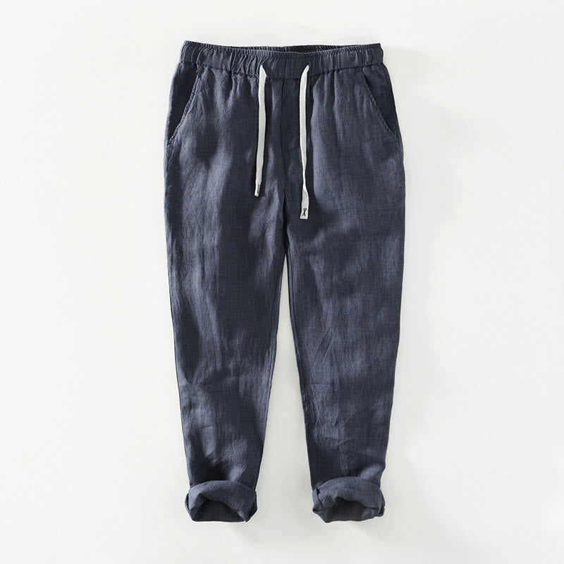Pantalones de lino para hombre, largos hasta el tobillo, con bolsillos, de la Buddha Stones Fall Solid, con cordón ajustable y cintura elástica. - Azul acero - US/UK/AU44, EU54 (4XL) - image 18