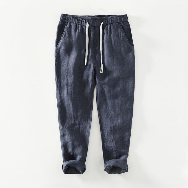 Pantalones de lino para hombre, largos hasta el tobillo, con bolsillos, de la Buddha Stones Fall Solid, con cordón ajustable y cintura elástica. - Azul acero - US/UK/AU44, EU54 (4XL) - image 18