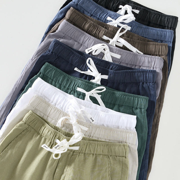 Pantalones de lino para hombre, largos hasta el tobillo, con bolsillos, de la Buddha Stones Fall Solid, con cordón ajustable y cintura elástica. - image 32