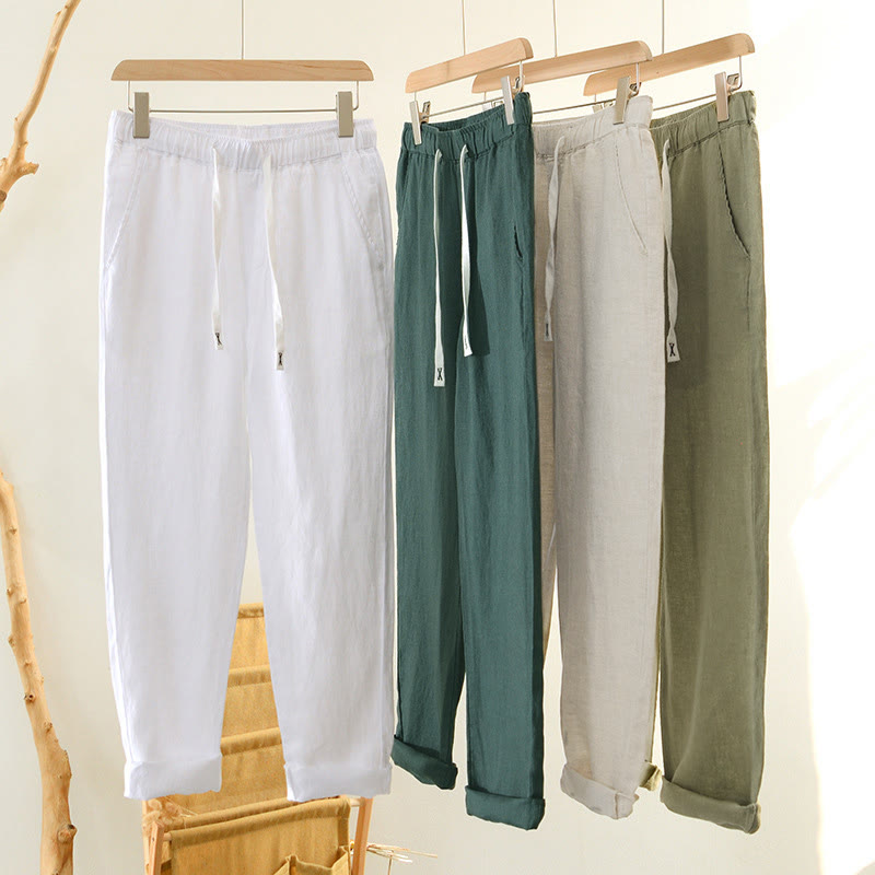 Pantalones de lino para hombre, largos hasta el tobillo, con bolsillos, de la Buddha Stones Fall Solid, con cordón ajustable y cintura elástica. - image 33
