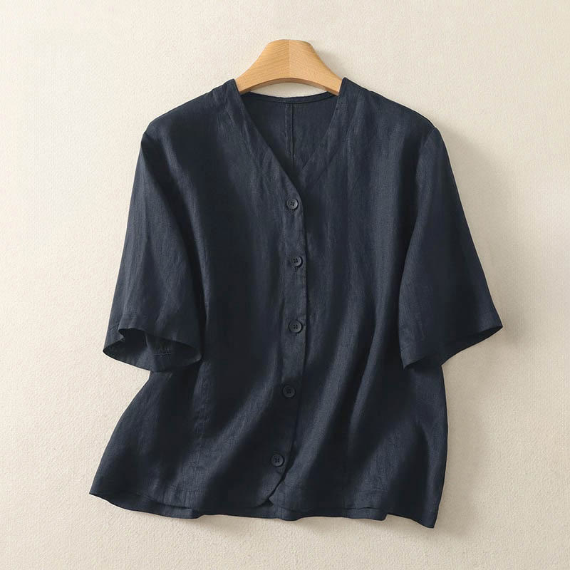 Camisa de manga corta para mujer con cuello en V, botones y diseño sencillo, color liso, con estampado de Buddha Stones. - Azul medianoche - US8-10，UK/AU12-14，EU40-42 (2XL) - image 14