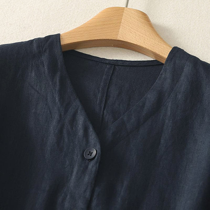 Camisa de manga corta para mujer con cuello en V, botones y diseño sencillo, color liso, con estampado de Buddha Stones. - image 15