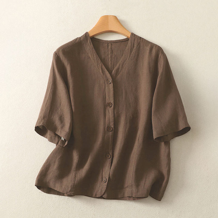 Camisa de manga corta para mujer con cuello en V, botones y diseño sencillo, color liso, con estampado de Buddha Stones. - Marrón silla de montar - US8-10，UK/AU12-14，EU40-42 (2XL) - image 18