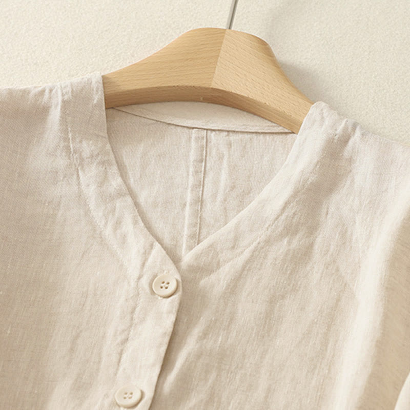 Camisa de manga corta para mujer con cuello en V, botones y diseño sencillo, color liso, con estampado de Buddha Stones. - image 6