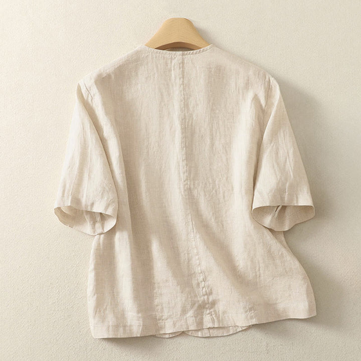 Camisa de manga corta para mujer con cuello en V, botones y diseño sencillo, color liso, con estampado de Buddha Stones. - image 5