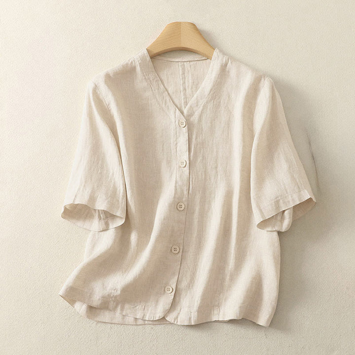 Camisa de manga corta para mujer con cuello en V, botones y diseño sencillo, color liso, con estampado de Buddha Stones. - PapayaWhip - US8-10，UK/AU12-14，EU40-42 (2XL) - image 4