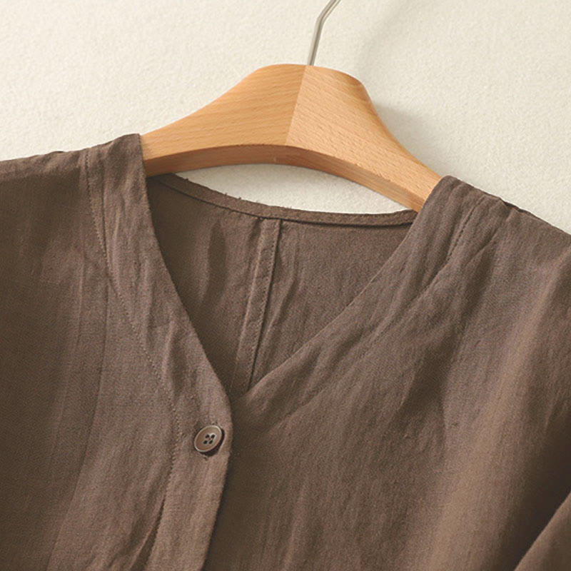 Camisa de manga corta para mujer con cuello en V, botones y diseño sencillo, color liso, con estampado de Buddha Stones. - image 19