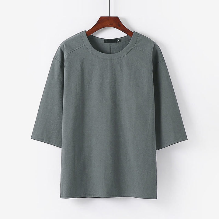 Camiseta de manga tres cuartos de algodón y lino para hombre, estilo casual de verano, con cuello redondo y estampado de Buddha Stones. - Gris - US/UK/AU54, EU64 (9XL) - image 6