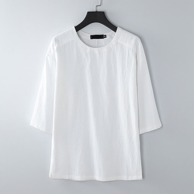 Camiseta de manga tres cuartos de algodón y lino para hombre, estilo casual de verano, con cuello redondo y estampado de Buddha Stones. - Blanco - US/UK/AU54, EU64 (9XL) - image 9