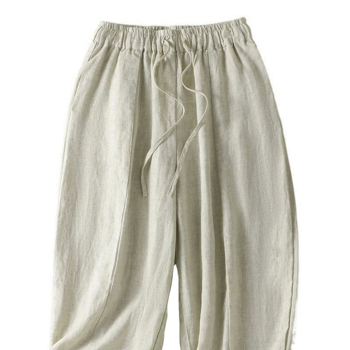 Buddha Stones Pantalones tobilleros de lino liso con cordón ajustable, estilo casual de verano para mujer, de pierna ancha y con bolsillo. - image 8