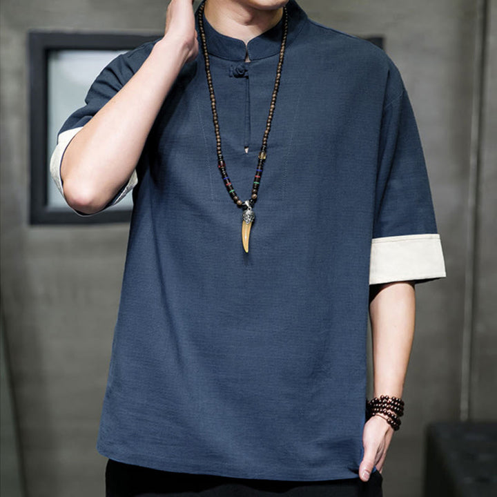 Buddha Stones Camisas de manga corta para hombre, estilo Tang de verano, con cuello mandarín y color liso. - image 6