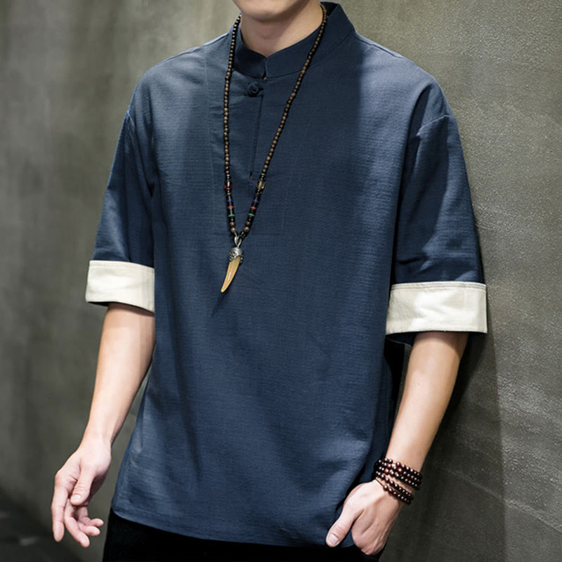 Buddha Stones Camisas de manga corta para hombre, estilo Tang de verano, con cuello mandarín y color liso. - image 7