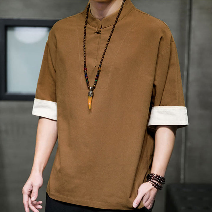 Buddha Stones Camisas de manga corta para hombre, estilo Tang de verano, con cuello mandarín y color liso. - image 12