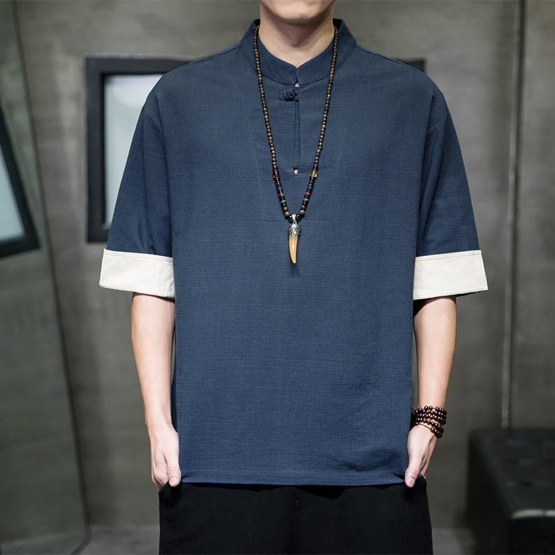 Buddha Stones Camisas de manga corta para hombre, estilo Tang de verano, con cuello mandarín y color liso. - Azul acero - US/UK/AU46, EU56 (5XL) - image 0