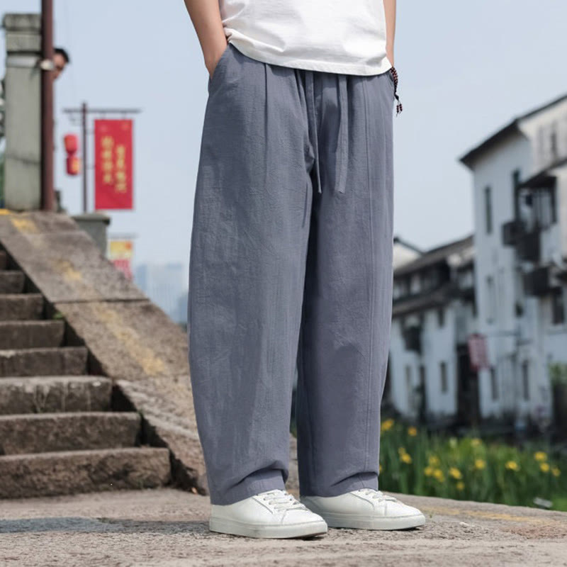 Buddha Stones Pantalones largos de algodón liso estilo harem para hombre, estilo casual de verano, minimalistas, con cordón ajustable y bolsillo. - image 1
