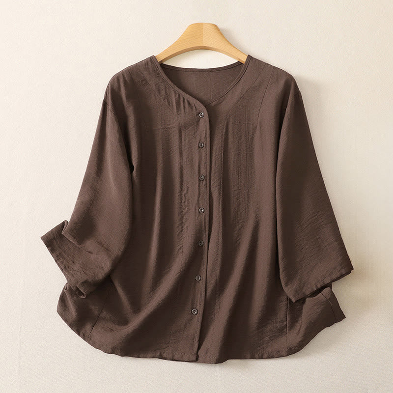 Buddha Stones Camisas de manga larga lisas con botones, estilo casual de verano para mujer. - Marrón silla de montar - US12, UK/AU16, EU44 (3XL) - image 17