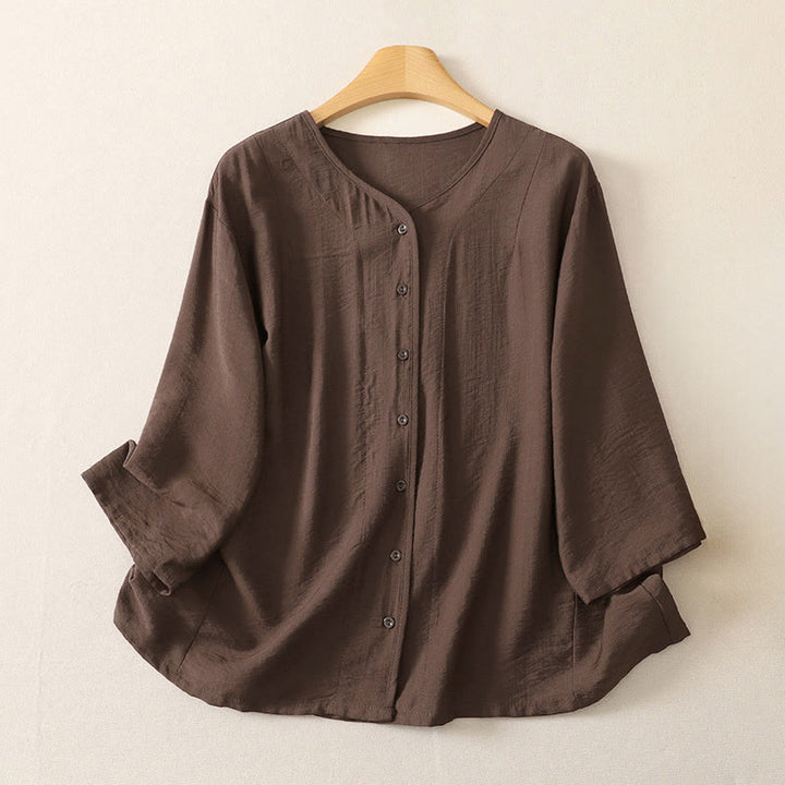 Buddha Stones Camisas de manga larga lisas con botones, estilo casual de verano para mujer. - Marrón silla de montar - US12, UK/AU16, EU44 (3XL) - image 17