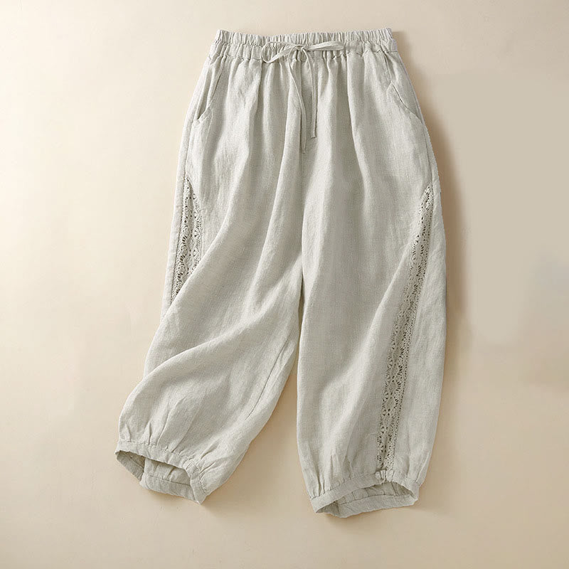 Pantalones harem holgados con cordón ajustable, estampado floral y Buddha Stones, color liso. - Beige - US8-10，UK/AU12-14，EU40-42 (2XL) - image 0