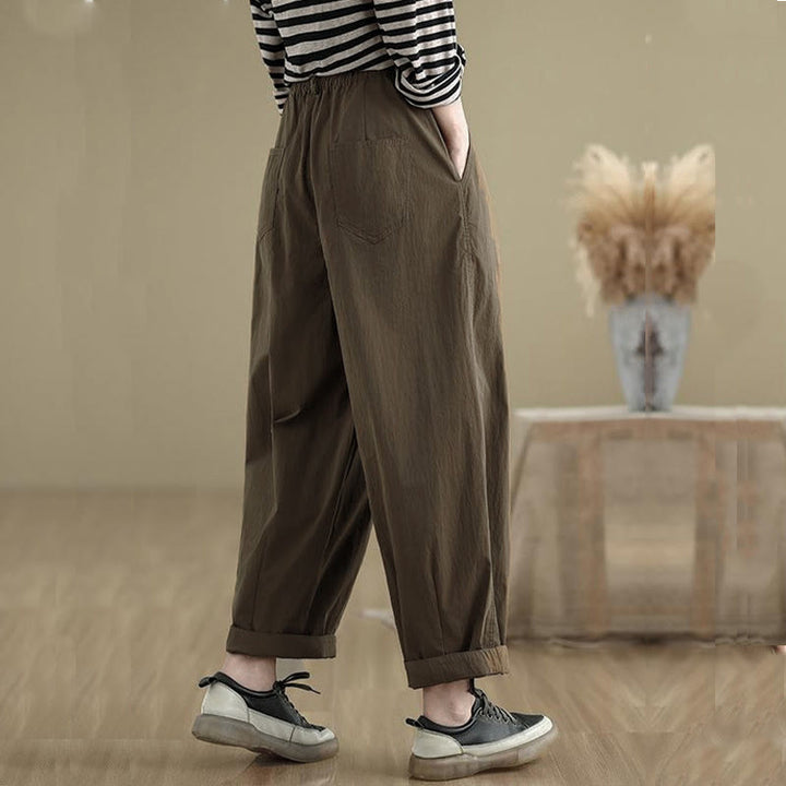 Pantalones casuales de mujer con estampado de Buddha Stones, color liso, un botón en la parte superior, cintura elástica y bolsillos. - image 3
