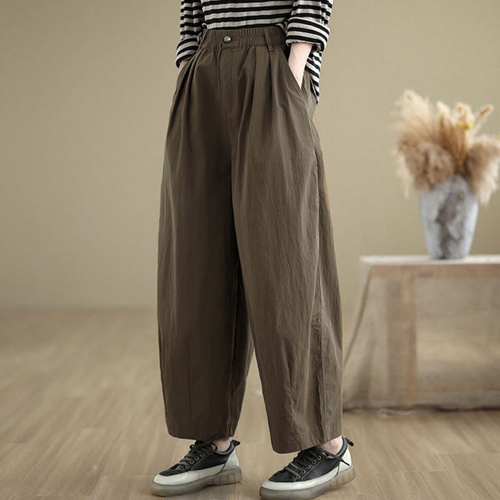 Pantalones casuales de mujer con estampado de Buddha Stones, color liso, un botón en la parte superior, cintura elástica y bolsillos. - image 4