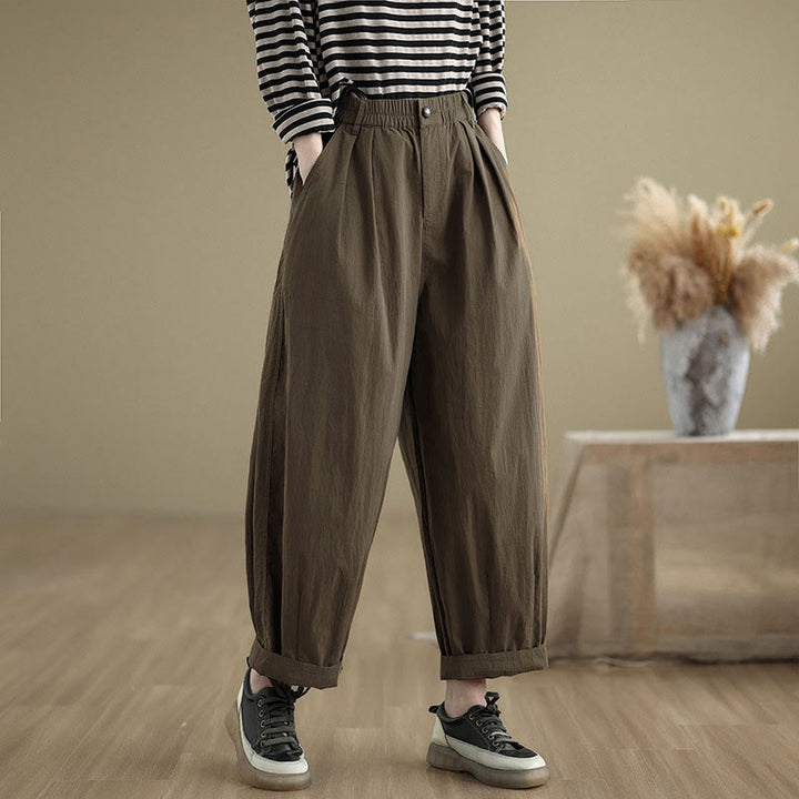 Pantalones casuales de mujer con estampado de Buddha Stones, color liso, un botón en la parte superior, cintura elástica y bolsillos. - Marrón silla de montar - US8-10，UK/AU12-14，EU40-42 (2XL) - image 0
