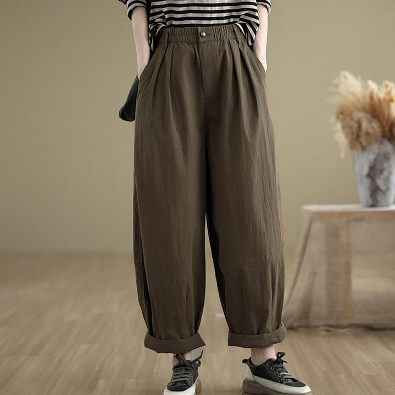 Pantalones casuales de mujer con estampado de Buddha Stones, color liso, un botón en la parte superior, cintura elástica y bolsillos. - image 1