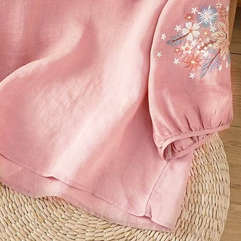 Camiseta de manga tres cuartos con cuello redondo y bordado de flores y Buddha Stones para mujer. - image 15