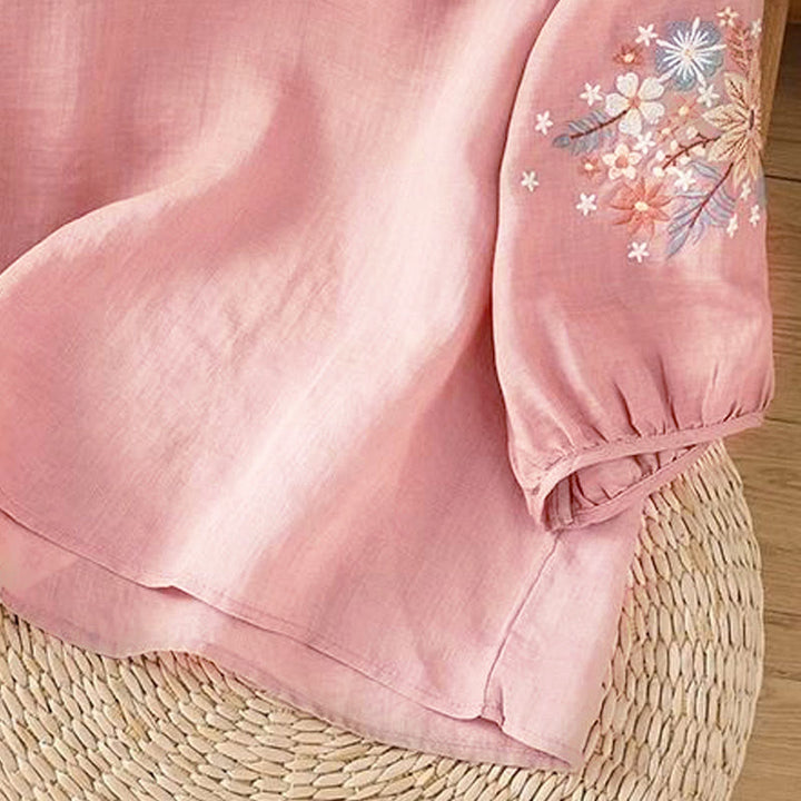 Camiseta de manga tres cuartos con cuello redondo y bordado de flores y Buddha Stones para mujer. - image 15