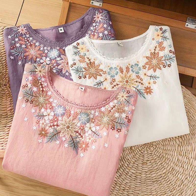 Camiseta de manga tres cuartos con cuello redondo y bordado de flores y Buddha Stones para mujer. - image 17