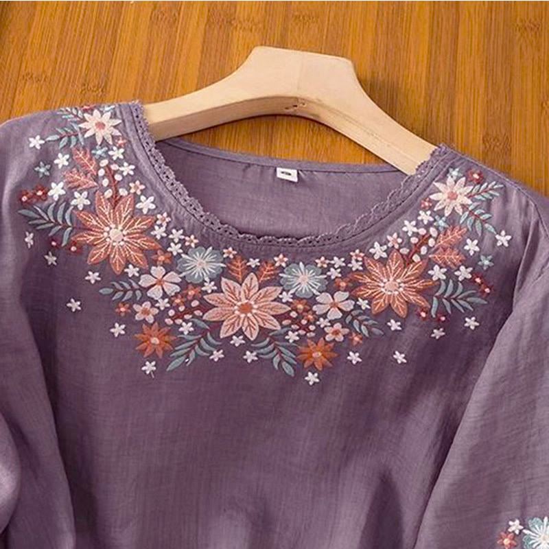 Camiseta de manga tres cuartos con cuello redondo y bordado de flores y Buddha Stones para mujer. - image 2