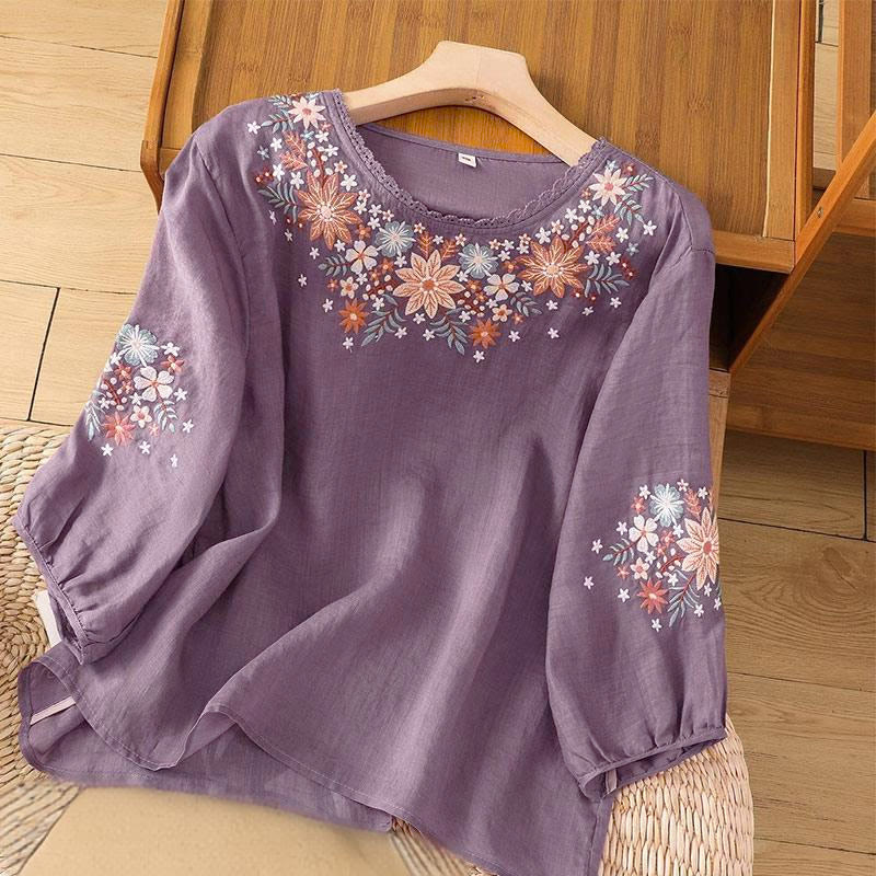 Camiseta de manga tres cuartos con cuello redondo y bordado de flores y Buddha Stones para mujer. - Morado medio - US12, UK/AU16, EU44 (3XL) - image 0