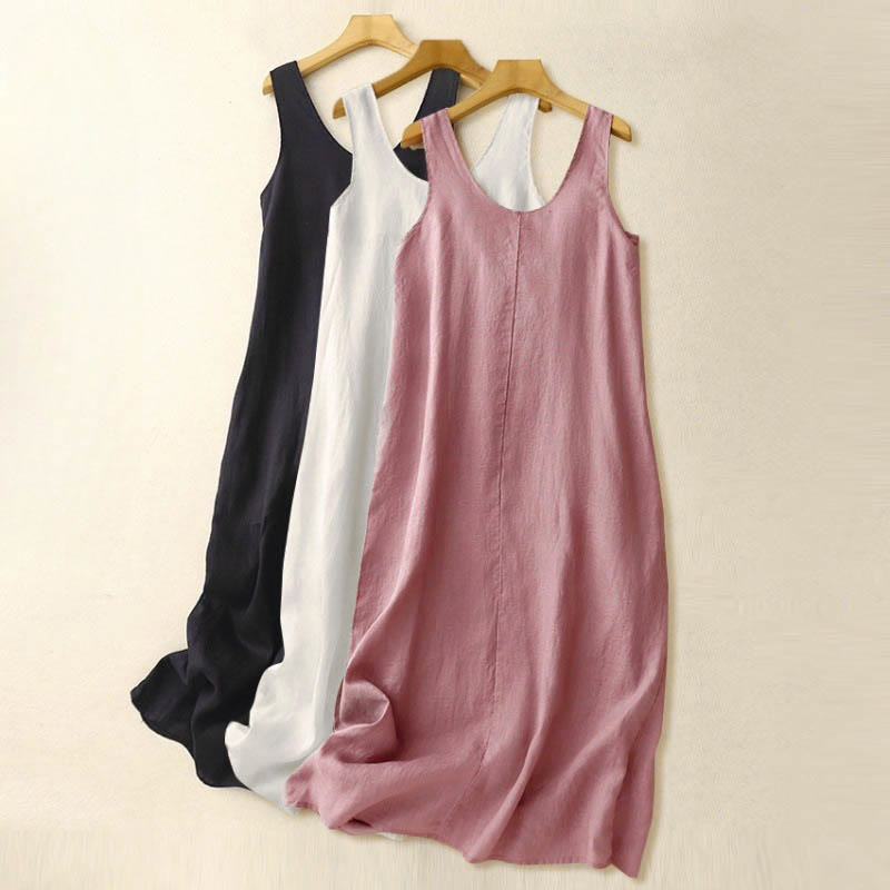 Vestido midi sin mangas de diseño sencillo, color liso, cuello redondo y bolsillos, con estampado Buddha Stones, ideal para uso diario en verano. - image 16