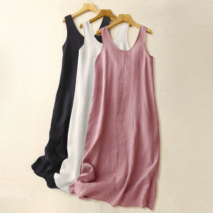 Vestido midi sin mangas de diseño sencillo, color liso, cuello redondo y bolsillos, con estampado Buddha Stones, ideal para uso diario en verano. - image 16