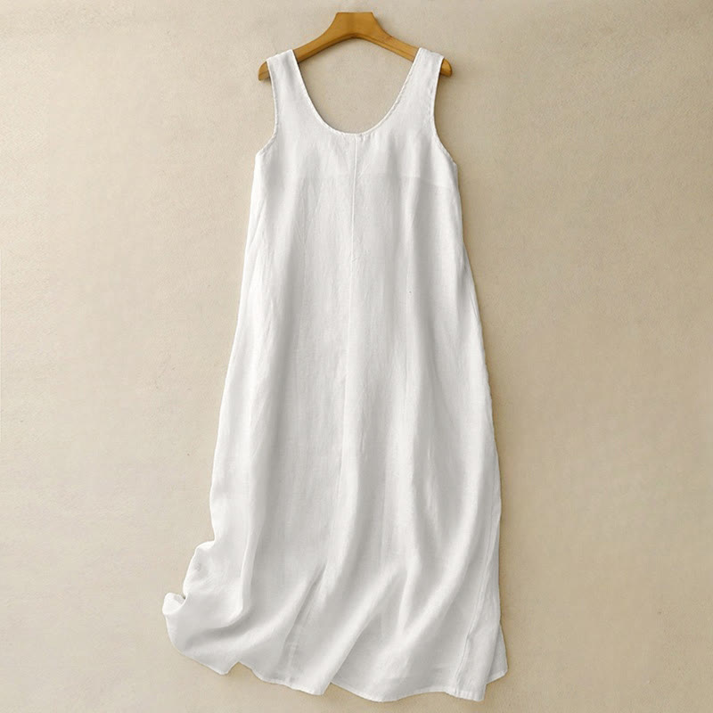 Vestido midi sin mangas de diseño sencillo, color liso, cuello redondo y bolsillos, con estampado Buddha Stones, ideal para uso diario en verano. - Blanco floral - US12, UK/AU16, EU44 (2XL) - image 7