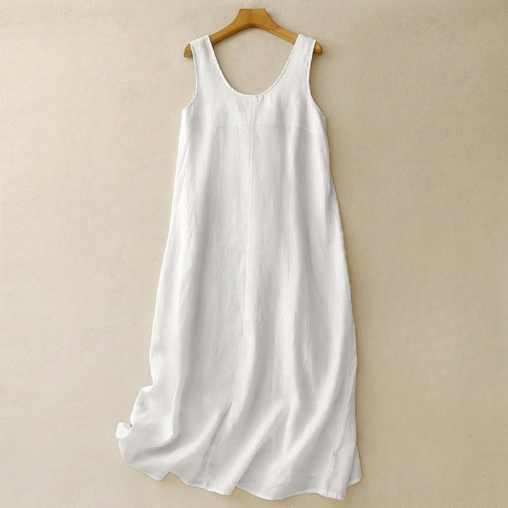 Vestido midi sin mangas de diseño sencillo, color liso, cuello redondo y bolsillos, con estampado Buddha Stones, ideal para uso diario en verano. - Blanco floral - US12, UK/AU16, EU44 (2XL) - image 7