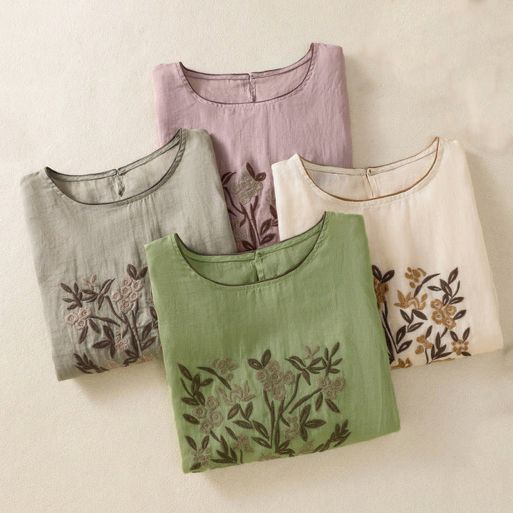 Camiseta de algodón de manga tres cuartos para mujer con bordado floral retro de Buddha Stones - image 32