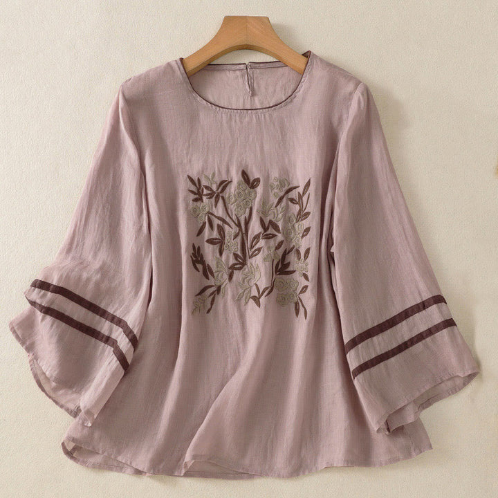 Camiseta de algodón de manga tres cuartos para mujer con bordado floral retro de Buddha Stones - Ciruela - US14，UK/AU18，EU46 (2XL) - image 23