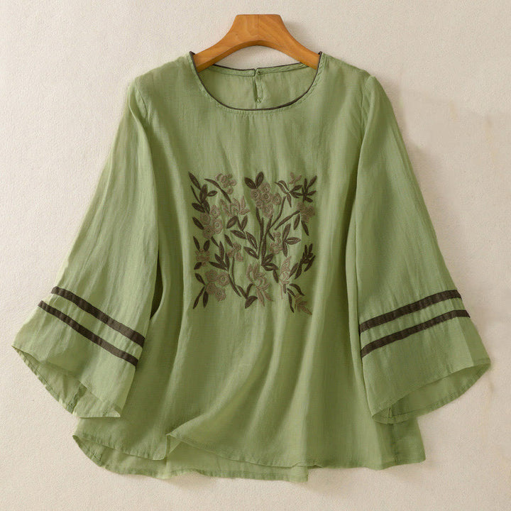 Camiseta de algodón de manga tres cuartos para mujer con bordado floral retro de Buddha Stones - Verde claro - US14，UK/AU18，EU46 (2XL) - image 16