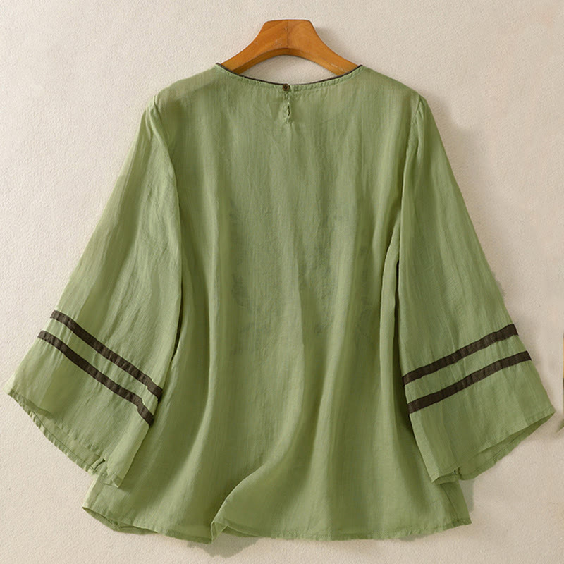 Camiseta de algodón de manga tres cuartos para mujer con bordado floral retro de Buddha Stones - image 17