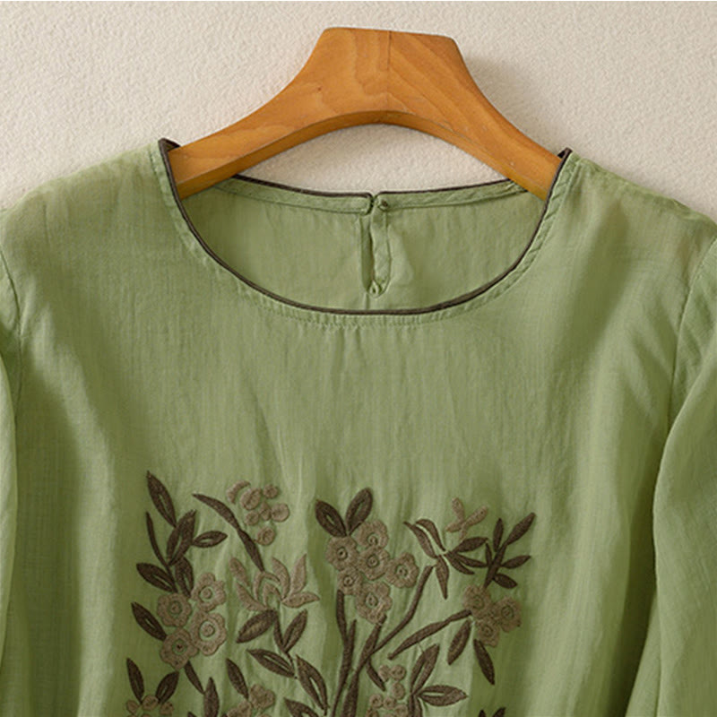 Camiseta de algodón de manga tres cuartos para mujer con bordado floral retro de Buddha Stones - image 18