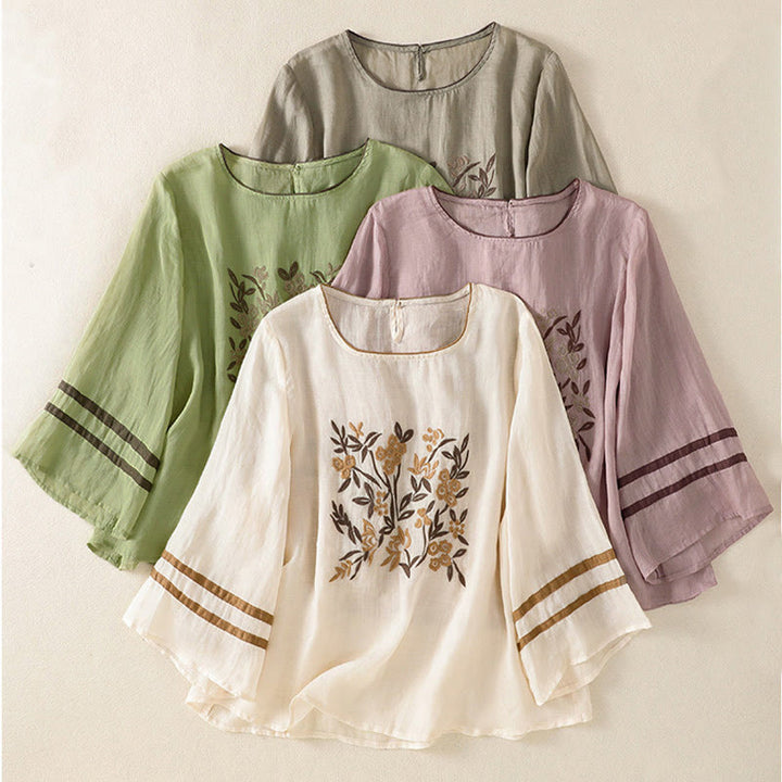 Camiseta de mujer de manga tres cuartos con bordado floral retro de Buddha Stones - image 31