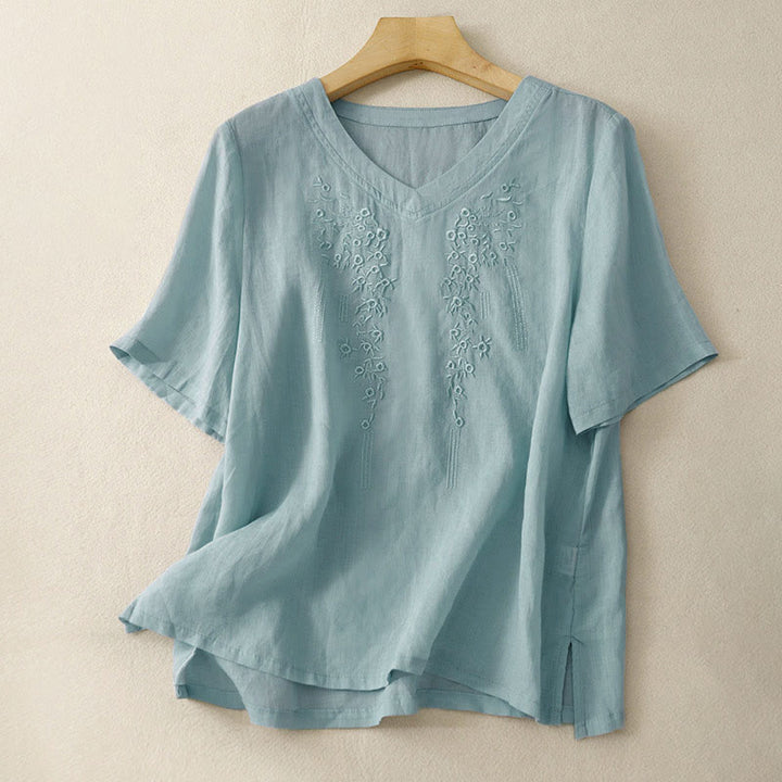 Camisa informal de manga corta con cuello en V y diseño floral bordado con Buddha Stones para mujer. - Azul claro - US8-10，UK/AU12-14，EU40-42 (2XL) - image 21