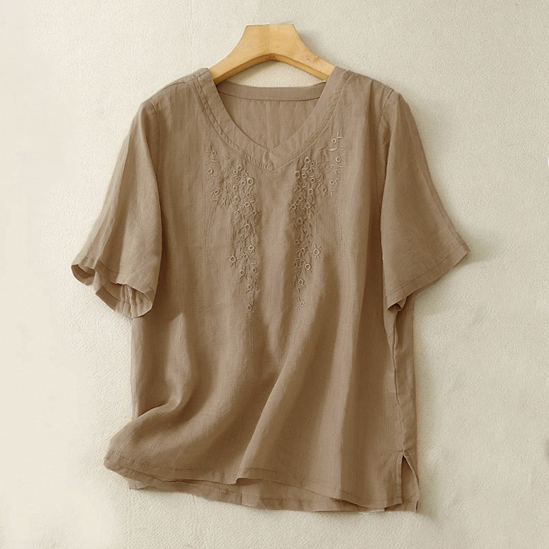 Camisa informal de manga corta con cuello en V y diseño floral bordado con Buddha Stones para mujer. - Broncearse - US8-10，UK/AU12-14，EU40-42 (2XL) - image 12
