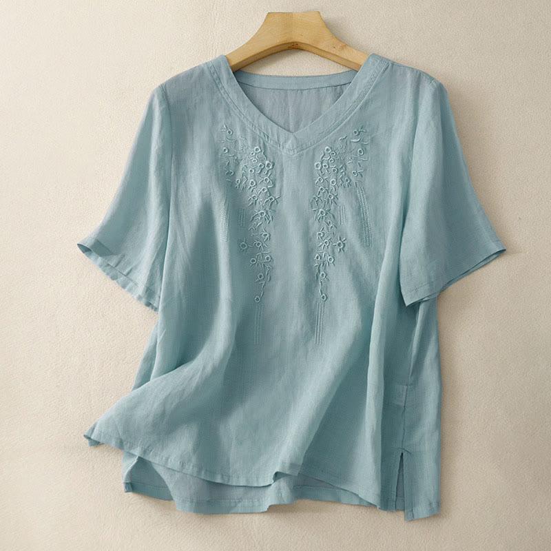 Camisa informal de manga corta con cuello en V y diseño floral bordado con Buddha Stones para mujer. - Azul claro - US8-10，UK/AU12-14，EU40-42 (2XL) - image 21