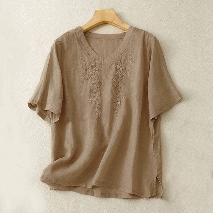 Camisa informal de manga corta con cuello en V y diseño floral bordado con Buddha Stones para mujer. - Broncearse - US8-10，UK/AU12-14，EU40-42 (2XL) - image 12