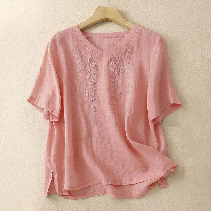 Camisa informal de manga corta con cuello en V y diseño floral bordado con Buddha Stones para mujer. - Salmón oscuro - US8-10，UK/AU12-14，EU40-42 (2XL) - image 0