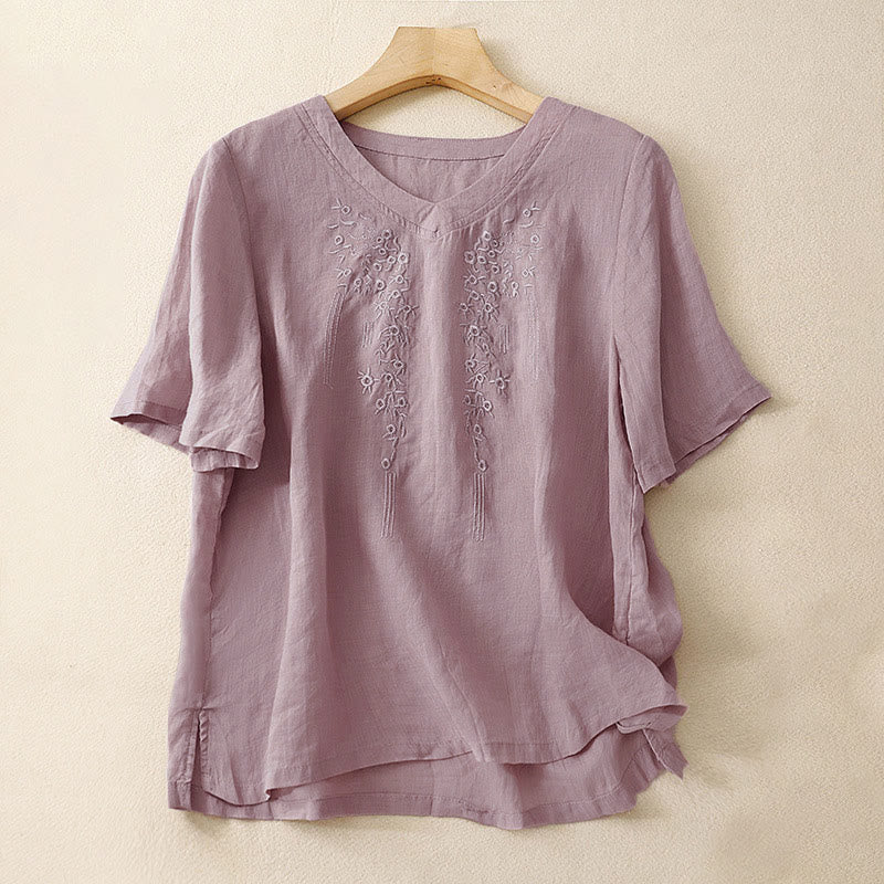 Camisa informal de manga corta con cuello en V y diseño floral bordado con Buddha Stones para mujer. - Cardo - US8-10，UK/AU12-14，EU40-42 (2XL) - image 6