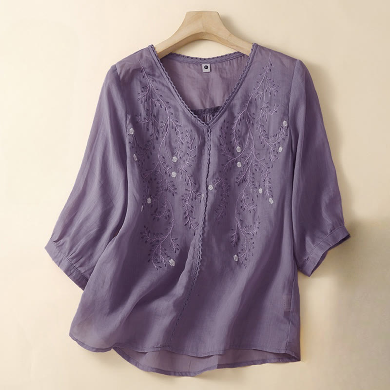 Camiseta de mujer de manga corta con cuello en V y estampado de ramas florales bordadas, estilo casual veraniego con Buddha Stones. - Orquídea mediana - US8-10，UK/AU12-14，EU40-42 (2XL) - image 6