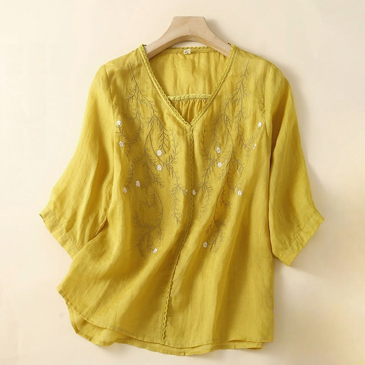 Camiseta de mujer de manga corta con cuello en V y estampado de ramas florales bordadas, estilo casual veraniego con Buddha Stones. - Oro - US8-10，UK/AU12-14，EU40-42 (2XL) - image 0